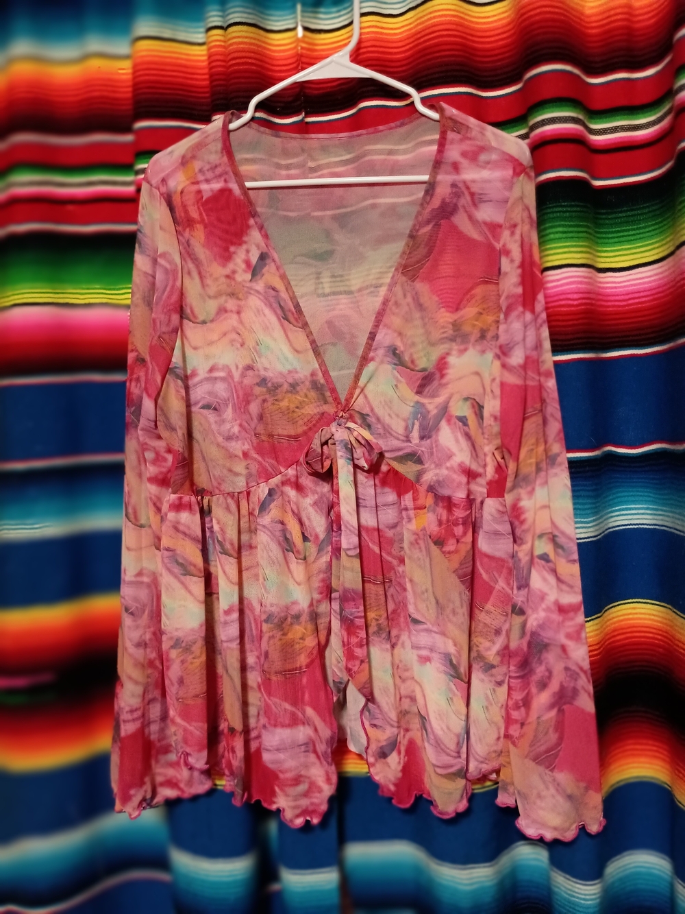 SHEIN Pink Multi-Color Floral Tie-Front Sheer Tunic 2X